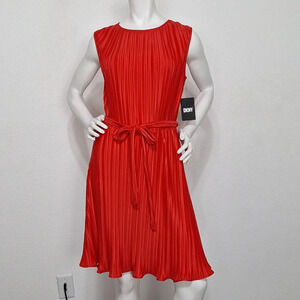 Dkny "NEW" Classic Poppy Red Romantic Coquette Belted Minimalist Pleated Dress 4